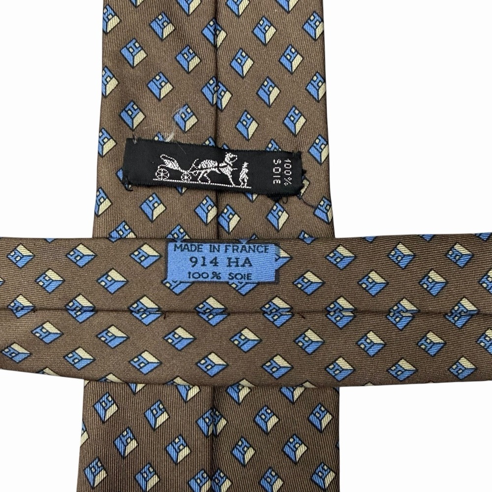 Hermes Men's Vtg Tie Geometric "H" Logo Brown/Blue Silk 914 HA 3.25" x 56.5" euc - Picture 3 of 5